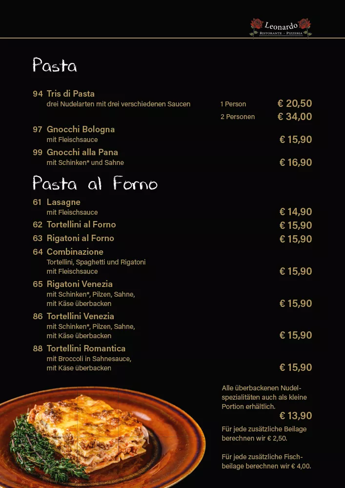 Speisekarte Ristorante Pizzeria Leonardo